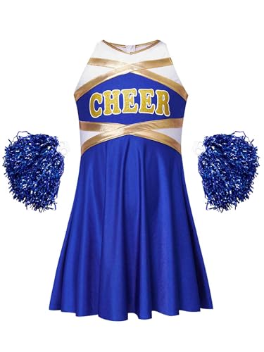 Manyakai Mädchen Cheerleading Kostüm Tanzkleid Schulmädchen Uniform Ärmellos Kleid Glitzer Tanzkleid mit Handblumen Tanzkostüm B Blau 134-140 von Manyakai