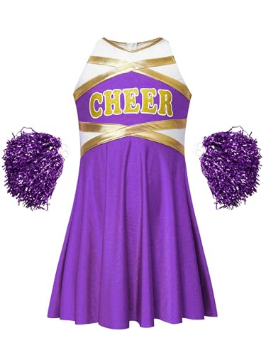 Manyakai Mädchen Cheerleading Kostüm Tanzkleid Schulmädchen Uniform Ärmellos Kleid Glitzer Tanzkleid mit Handblumen Tanzkostüm B Lila 170 von Manyakai