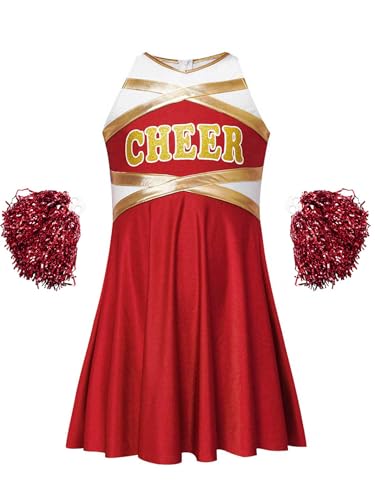 Manyakai Mädchen Cheerleading Kostüm Tanzkleid Schulmädchen Uniform Ärmellos Kleid Glitzer Tanzkleid mit Handblumen Tanzkostüm B Rot 146-152 von Manyakai