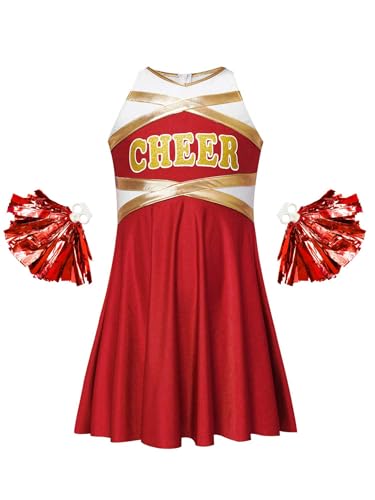 Manyakai Mädchen Cheerleading Kostüm Tanzkleid Schulmädchen Uniform Ärmellos Kleid Glitzer Tanzkleid mit Handblumen Tanzkostüm Ein Rot 110-116 von Manyakai