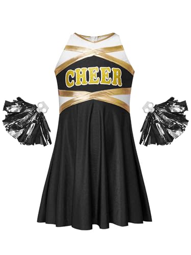 Manyakai Mädchen Cheerleading Kostüm Tanzkleid Schulmädchen Uniform Ärmellos Kleid Glitzer Tanzkleid mit Handblumen Tanzkostüm Ein Schwarzer 110-116 von Manyakai