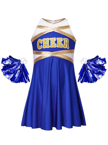 Manyakai Mädchen Cheerleading Kostüm Tanzkleid Schulmädchen Uniform Ärmellos Kleid Glitzer Tanzkleid mit Handblumen Tanzkostüm Ein blaues 158-164 von Manyakai