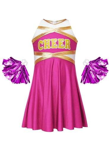 Manyakai Mädchen Cheerleading Kostüm Tanzkleid Schulmädchen Uniform Ärmellos Kleid Glitzer Tanzkleid mit Handblumen Tanzkostüm Ein heißes Rosa 158-164 von Manyakai