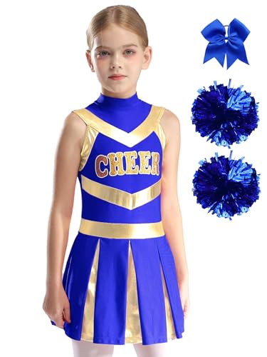 Manyakai Mädchen Cheerleading Kostüm Tanzkleid Schulmädchen Uniform Ärmellos Kleid Glitzer Tanzkleid mit Pompoms und Schleife Tanzkostüm B Blau 134-140 von Manyakai