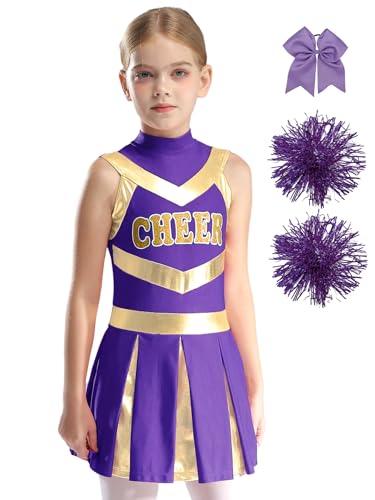 Manyakai Mädchen Cheerleading Kostüm Tanzkleid Schulmädchen Uniform Ärmellos Kleid Glitzer Tanzkleid mit Pompoms und Schleife Tanzkostüm B Lila 110-116 von Manyakai