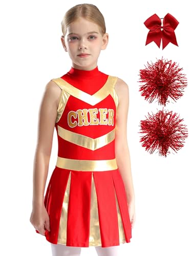 Manyakai Mädchen Cheerleading Kostüm Tanzkleid Schulmädchen Uniform Ärmellos Kleid Glitzer Tanzkleid mit Pompoms und Schleife Tanzkostüm B Rot 110-116 von Manyakai