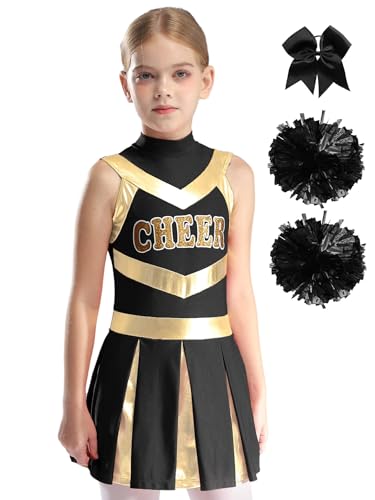 Manyakai Mädchen Cheerleading Kostüm Tanzkleid Schulmädchen Uniform Ärmellos Kleid Glitzer Tanzkleid mit Pompoms und Schleife Tanzkostüm Ein Schwarzer 110-116 von Manyakai