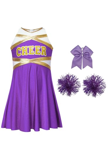 Manyakai Mädchen Cheerleading Kostüm Tanzkleid Uniform Ärmellos Tanzkleid mit Pompoms und Schleife für Halloween Party Karneval Mottoparty B Lila 110-116 von Manyakai