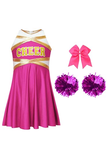 Manyakai Mädchen Cheerleading Kostüm Tanzkleid Uniform Ärmellos Tanzkleid mit Pompoms und Schleife für Halloween Party Karneval Mottoparty Ein heißes Rosa 170 von Manyakai