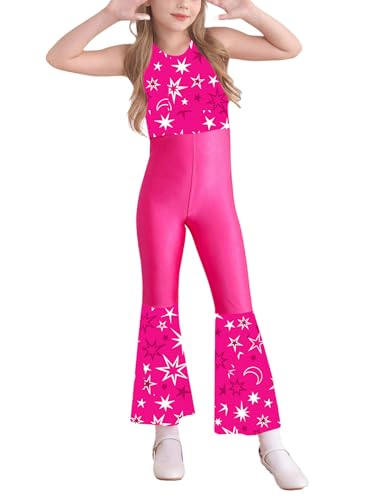 Manyakai Mädchen Halloween 70er Jahre Disco Hippie Outfits Ärmellos Jumpsuit Schlaghose Overall Tanz Bodysuit Fasching Kostüm Hot Pink 170 von Manyakai