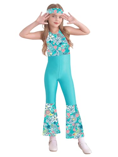 Manyakai Mädchen Halloween 70er Jahre Disco Hippie Outfits Leotard Jumpsuit Schlaghose Overall mit Stirnband Party Fasching Kostüm Minzgrün 146-152 von Manyakai