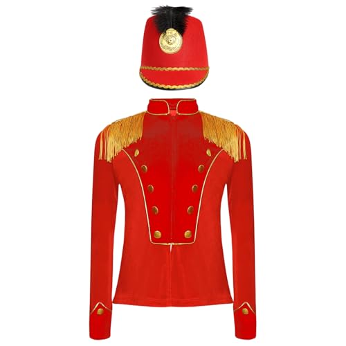 Manyakai Mädchen Jungen Zirkus Kostüm Jacke Langarm Epauletten Uniform Militärischer Blazer Mantel Jacket mit Mütze Halloween Kostüm Rot 134-140 von Manyakai