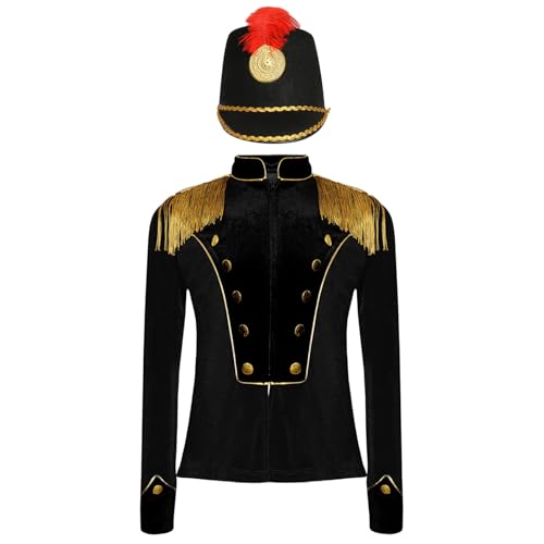 Manyakai Mädchen Jungen Zirkus Kostüm Jacke Langarm Epauletten Uniform Militärischer Blazer Mantel Jacket mit Mütze Halloween Kostüm Schwarz 110-116 von Manyakai