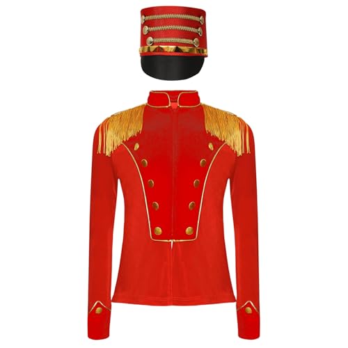 Manyakai Mädchen Jungen Zirkusdirektor Jacke Schulterklappe Epauletten Uniform Set Langarm Jacke Uniform mit Hut für Party Karneval Rot 158-164 von Manyakai