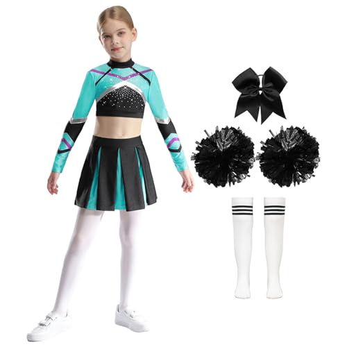 Manyakai Mädchen Karneval Kostüm Cheerleading Uniform Crop Top + Tanzrock + Kopfbedeckung + Pompoms + Socken Blau Grün & Schwarz 122-128 von Manyakai