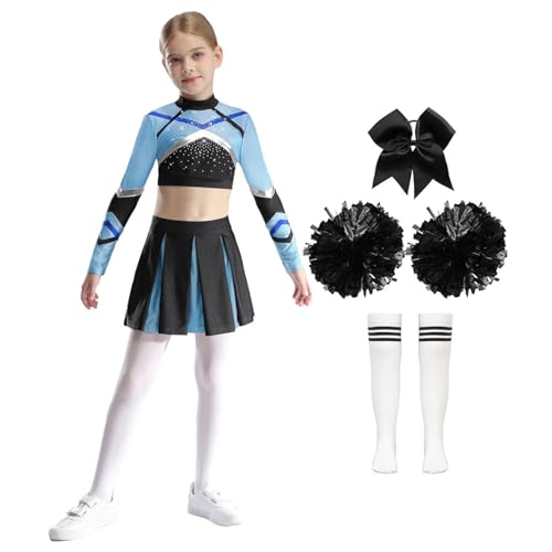 Manyakai Mädchen Karneval Kostüm Cheerleading Uniform Crop Top + Tanzrock + Kopfbedeckung + Pompoms + Socken Dusty Blue&Black 110-116 von Manyakai