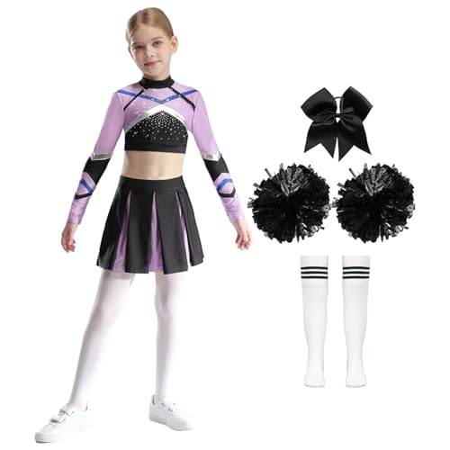 Manyakai Mädchen Karneval Kostüm Cheerleading Uniform Crop Top + Tanzrock + Kopfbedeckung + Pompoms + Socken Hellviolett und Schwarz 110-116 von Manyakai