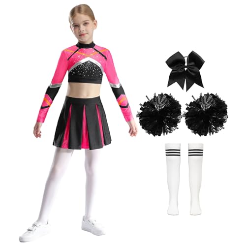 Manyakai Mädchen Karneval Kostüm Cheerleading Uniform Crop Top + Tanzrock + Kopfbedeckung + Pompoms + Socken Hot Pink & Schwarz 110-116 von Manyakai