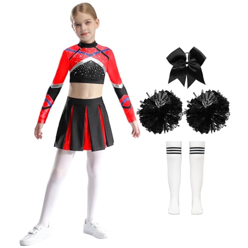 Manyakai Mädchen Karneval Kostüm Cheerleading Uniform Crop Top + Tanzrock + Kopfbedeckung + Pompoms + Socken Rot schwarz 122-128 von Manyakai