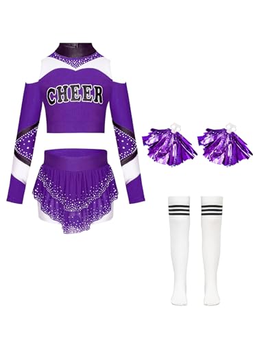 Manyakai Mädchen Langarm Cheerleading Uniform Glänzende Crop Top Rock mit Pompoms und Socken für Halloween Fasching Party Kostüm Violett 134-140 von Manyakai