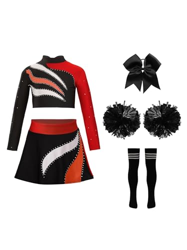 Manyakai Mädchen Langarm Cheerleading Uniform mit Pompoms und Socken und Haarzubehör für Halloween Dress Up Fasching Party Kostüm Rot 110-116 von Manyakai