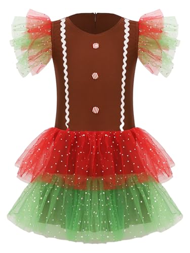 Manyakai Mädchen Weihnachten Lebkuchenmann Kostüm Weihnachtskleid Ärmelloses Tüllkleid Tanz Trikot mit Tutu Rock Kinder Xmas Outfit Braun 134-140 von Manyakai