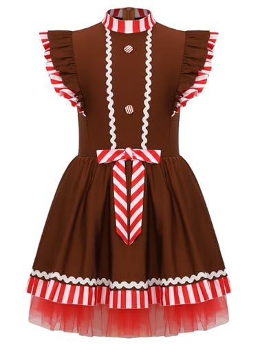 Manyakai Mädchen Weihnachtskleid Cosplay Outfit Ärmelloses Tüllkleid Tanz Trikot Jumpsuit Lebkuchenmann Kostüme Braun 146-152 von Manyakai