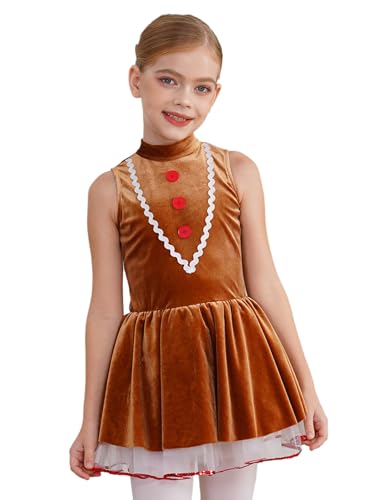 Manyakai Mädchen Weihnachtskleid Lebkuchenmann Cosplay Outfit Ärmelloses Tüllkleid Samt Tutu Kleid Tanz Trikot Jumpsuit für Weihnachten Braun 110-116 von Manyakai