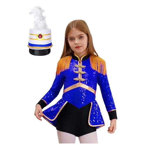 Manyakai Mädchen Zirkus Kostüm Weihnachtskostüm Langarm Bodysuit Fransen Pailletten Overall mit Hut Karneval Cosplay Kleidung Königsblau B 122-128 von Manyakai