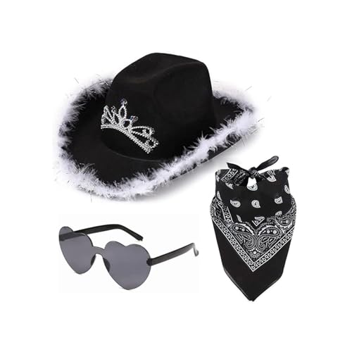 Maodom Rosa Cowboyhut,Cowboy Hut für Damen,Filz Cowboyhut,Mit Herz Brille,Rosa Bandana,Cosplay Partys Halloween Karneval Kostüm Zubehör Geburtstag von Maodom