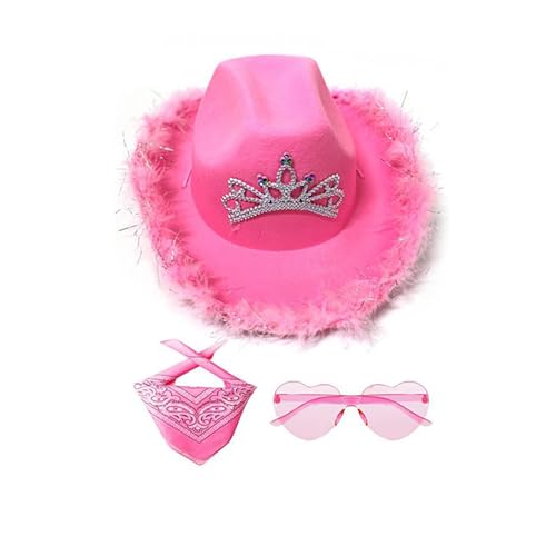 Maodom Rosa Cowboyhut,Cowboy Hut für Damen,Filz Cowboyhut,Mit Herz Brille,Rosa Bandana,Cosplay Partys Halloween Karneval Kostüm Zubehör Geburtstag von Maodom