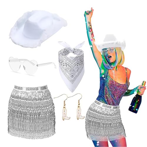 80er Jahre Damen Kostüm Set Lady Accessoires Bandana Ohrring Sonnenbrille Western Cowgirl Hut Erwachsene Rockstars Cooles Outfit von Maouira