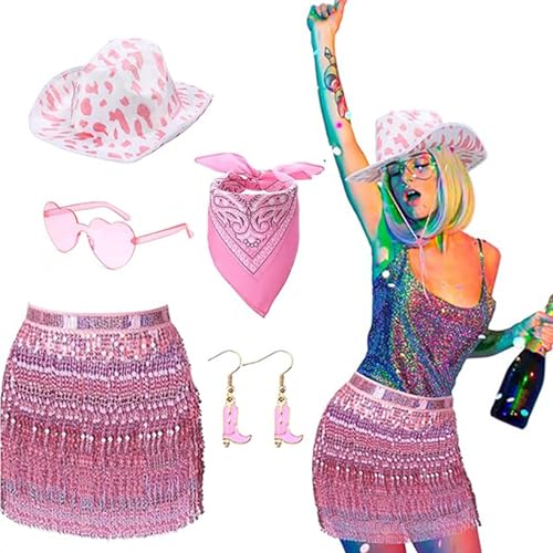 80er Jahre Damen Kostüm Set Lady Accessoires Bandana Ohrring Sonnenbrille Western Cowgirl Hut Erwachsene Rockstars Cooles Outfit von Maouira