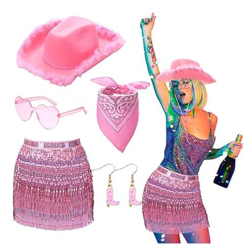 80er Jahre Damen Kostüm Set Lady Accessoires Bandana Ohrring Sonnenbrille Western Cowgirl Hut Erwachsene Rockstars Cooles Outfit von Maouira