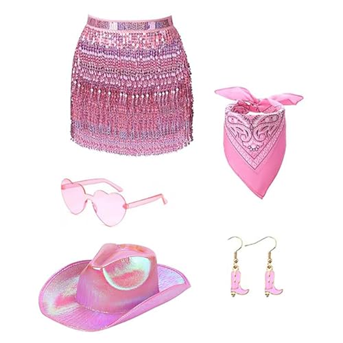 80er Jahre Damen Kostüm Set Lady Accessoires Bandana Ohrring Sonnenbrille Western Cowgirl Hut Erwachsene Rockstars Cooles Outfit von Maouira