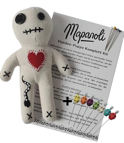 Voodoo Puppe mit Voodoo Nadeln, Sarg Box und Anleitung (16cm handgemacht) - Set mit extragroßen Totenkopfnadeln | Lustiges Geschenk für Freunde, Kollegen, Chef | Hochzeit oder Jobwechsel von Mapanoli