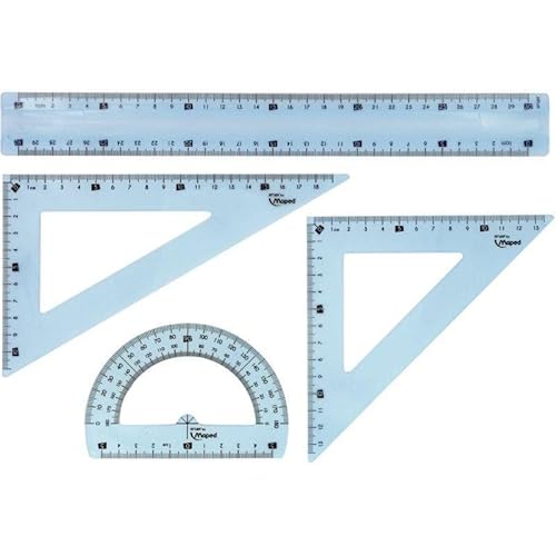 Maped Schulregeln – Study Unbreakable – 4-teiliges Maxi-Set – 1 Lineal 30 cm, 1 Zeichendeck 21 cm, 1 Geodreieck 21 cm und 1 Winkelmesser 180° – transparentes Design von Maped