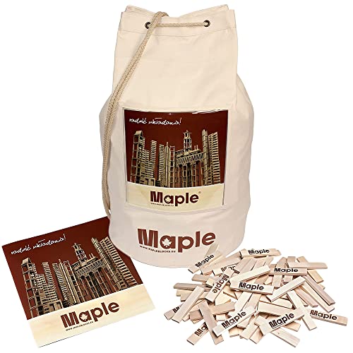 Maple 600 Holzbausteine mit Seesack Natur Bausteine Bauklötze Holzplättchen rechteckig im Stoffbeutel, (MSK600) von Maple