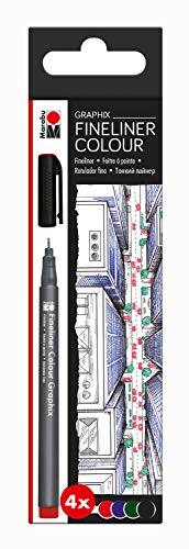 Marabu 0146000000102 - Fineliner Graphix, Set Skyline, 4 brillante Farben, Strichstärke ca. 0,5 mm, wasserbasierte Pigmenttusche, metallgefasste Kunststoffspitze von Marabu