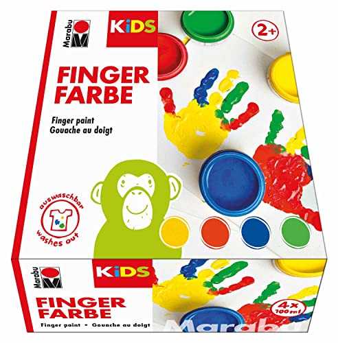 Marabu 0303000000080 - Kids Fingerfarbe Set mit 4 leuchtenden Farben á 100 ml, parabenfrei, vegan, laktosefrei, glutenfrei, geeignet zum Malen in Kindergarten, Schule, Therapie und zu Hause von Marabu