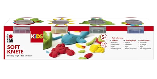 Marabu 0312000000003 - KiDS Soft Knete, 4 x 140 g Kinderknete in Gelb, Rot, Grün, Blau, Knetmasse für Kinder ab 3 Jahre, vegan, eiweiß-, erdnuss- und laktosefrei von Marabu