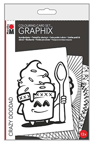 Marabu 1612000000301 - Graphix Colouring Card Set, Crazy Doodad, ideale Grundlage für kreative Entspannung, 12 Postkarten zum Ausmalen von Marabu