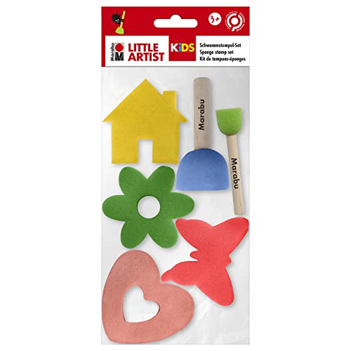 Marabu KiDS Little Artist, Schwammstempel Set für Kinder ab 3 Jahren, Schaumstoff Stempel und Schablonierpinsel, inkl. 2 Stupfpinsel und 4 Malschwämmchen, 0318000000012 von Marabu