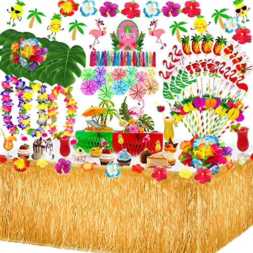 MarckersHome 115 Pcs Hawaii Party Dekoration Set,Hawaii Luau Tischröcke,Tiki Party Tischrock,Banner,Palmenblätter,Kuchendeckel und Papier strohhalme für BBQ Tropischen Garten Kombination Dekoration von MarckersHome