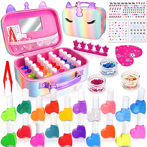 MarckersHome 30Pcs Kinder nagellack Set mädchen,Einhorn Schminkkoffer DIY abziehbarer Nagellack,Waschbares&Safe, mit 20 Nagellackfarben & Zubehör Prinzessin verkleiden Geschenke Spielzeug für Kinder von MarckersHome