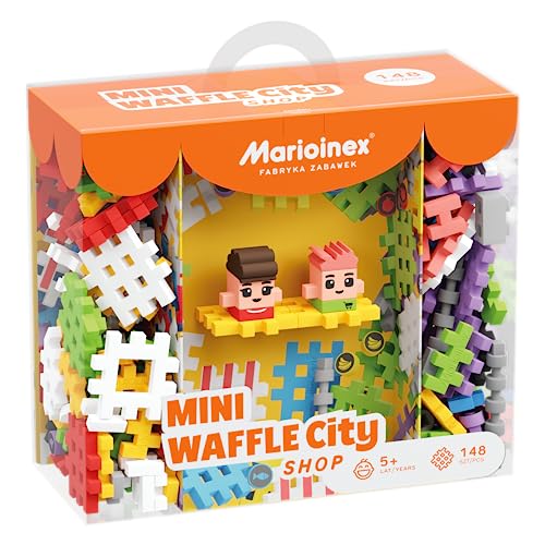 Marioinex - Mini Waffle City Shop Bausteine 148 Stück 2 Figuren - Schaumstoff bausteine Kinder - Kinder bausteine - Bausteine groß - Waffelblöcke bausteine - Weihnachten kleinigkeiten - Montessori von Marioinex