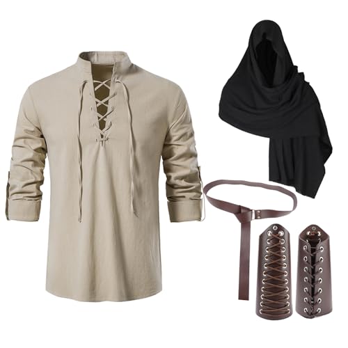 MarsVook 5-teiliges Piratenkostüm-Set für Herren, Renaissance-Wikingerhemd mit Schalgürtel, Handgelenkbandage, für Halloween, Cosplay, Party, Größe XXL von MarsVook