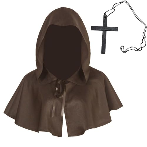 Mittelalterlicher Friar Hooded Robe Cowl Cloak + Cross Renaissance Priester Robe Zauberer Halloween Cosplay Kostüm (Braun) von MarsVook