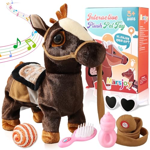 Marsjoy Schwarz Plüschtier Interaktives Spielzeug Pony der Läuft und Bellt, Kinder Mädchen Spielzeug Haustier Plüschtier mit Gehen, Bellen, Schwanzwedeln, Singen Funktion Lauf- und Soundfunktion von Marsjoy