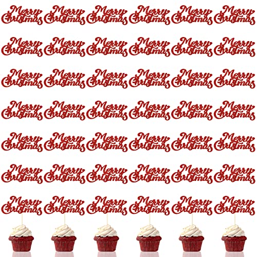 60 Stück rote Cupcake-Aufsätze mit Aufschrift "Merry Christmas", glitzernd, Weihnachtsdekoration, Zahnstocher für Weihnachten, Party, Cupcake, Obstspieße, Dessert-Topper von Marspark